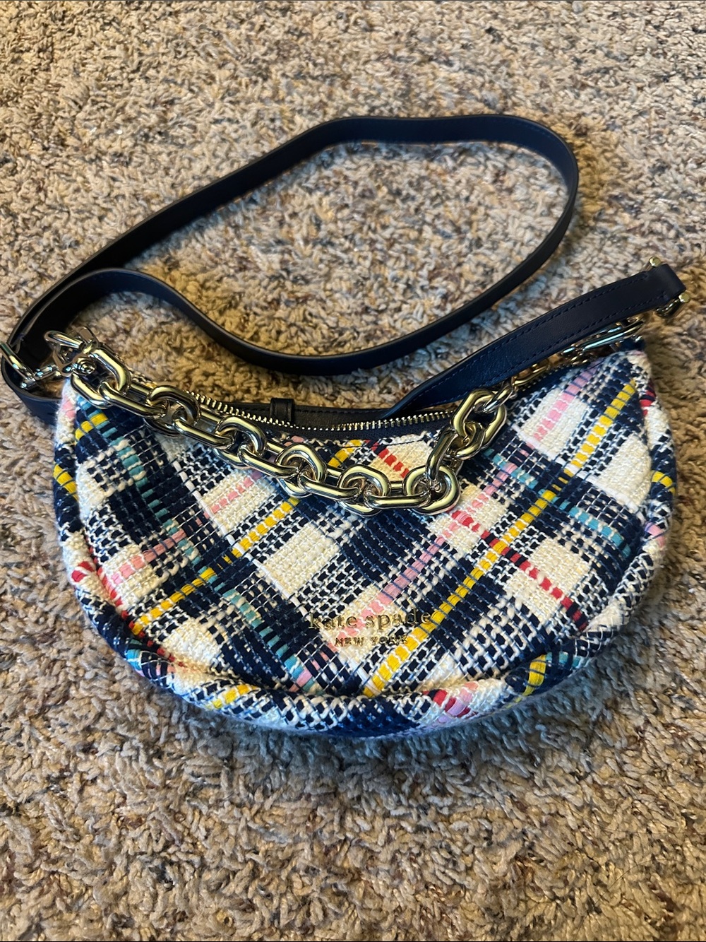 kate spade Navy Multi Woven Plaid Chain-Accent Crossbody Bag